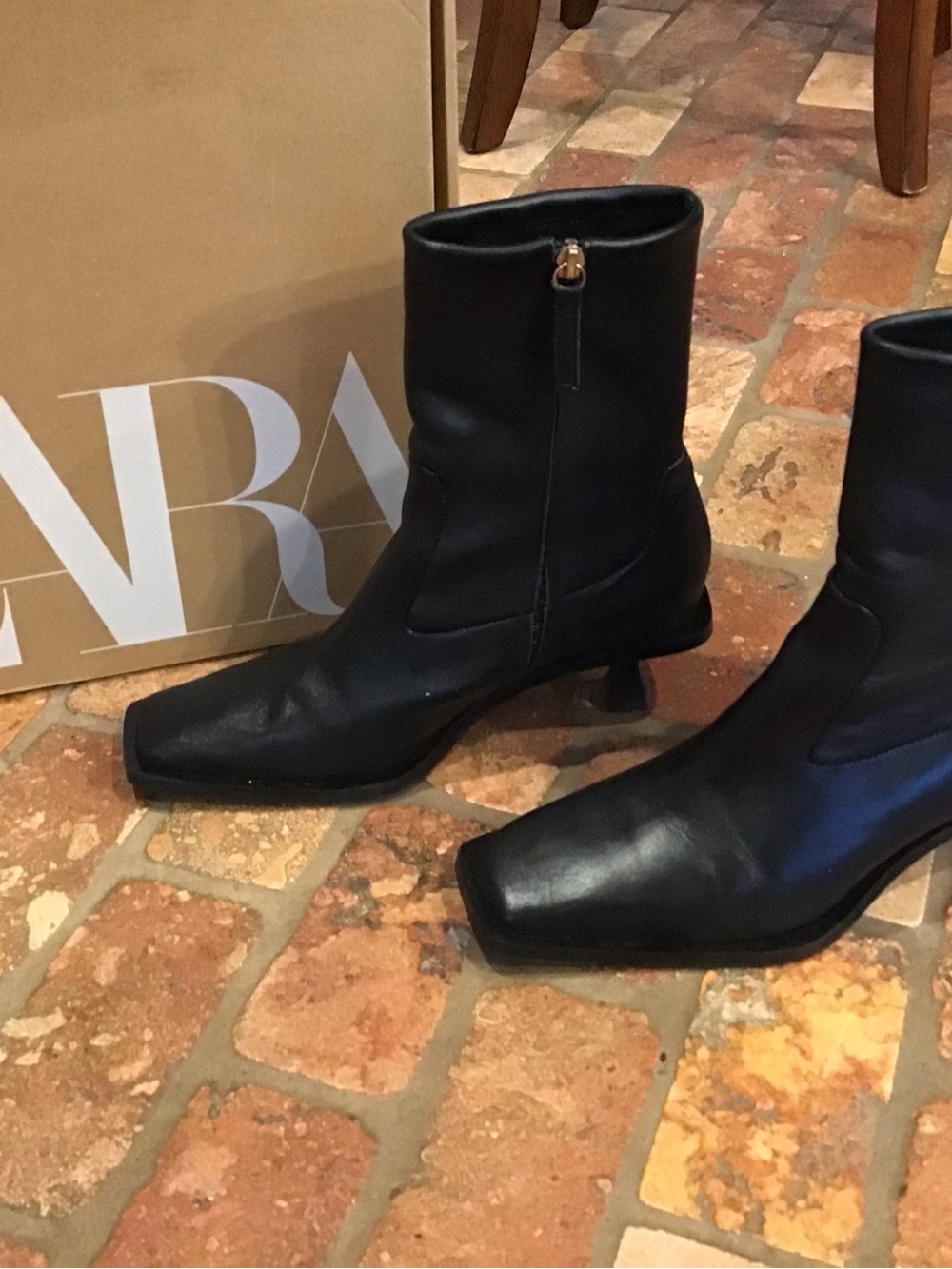 Zara Black Leather Square-Toe Mid-Calf Ankle Boots